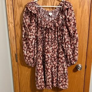 Women’s Burgundy Rust Floral Ruffle Smocked Casual Dress